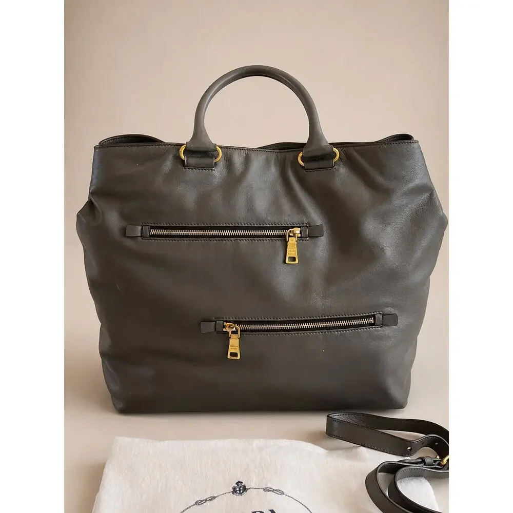 Authentic Prada Calfskin Leather Tote Bambu Grey Large Luxury Travel & Work Bag